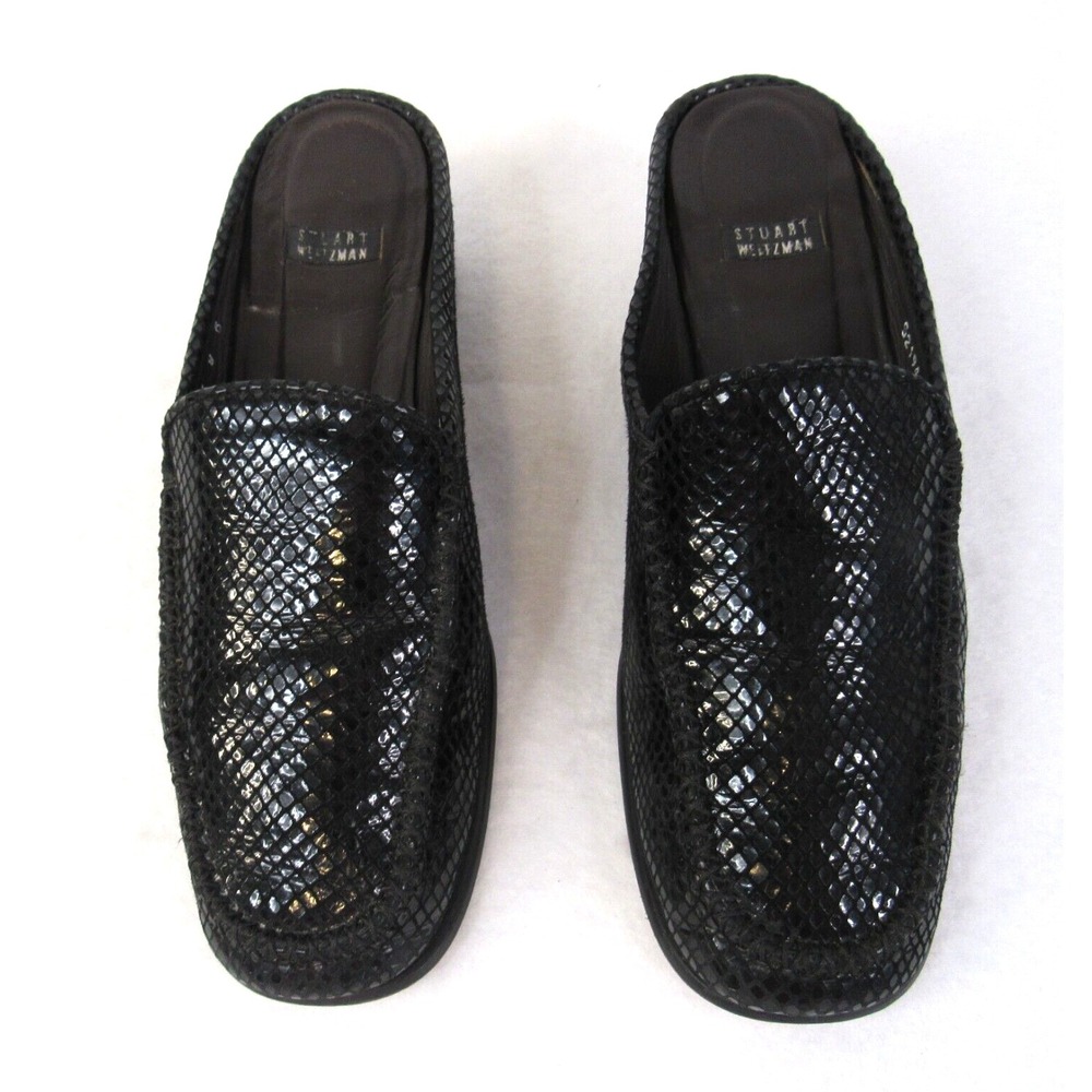 STUART WEITZMAN Black Patent Leather Snakeskin Embossed Mule Square Toe SZ 8